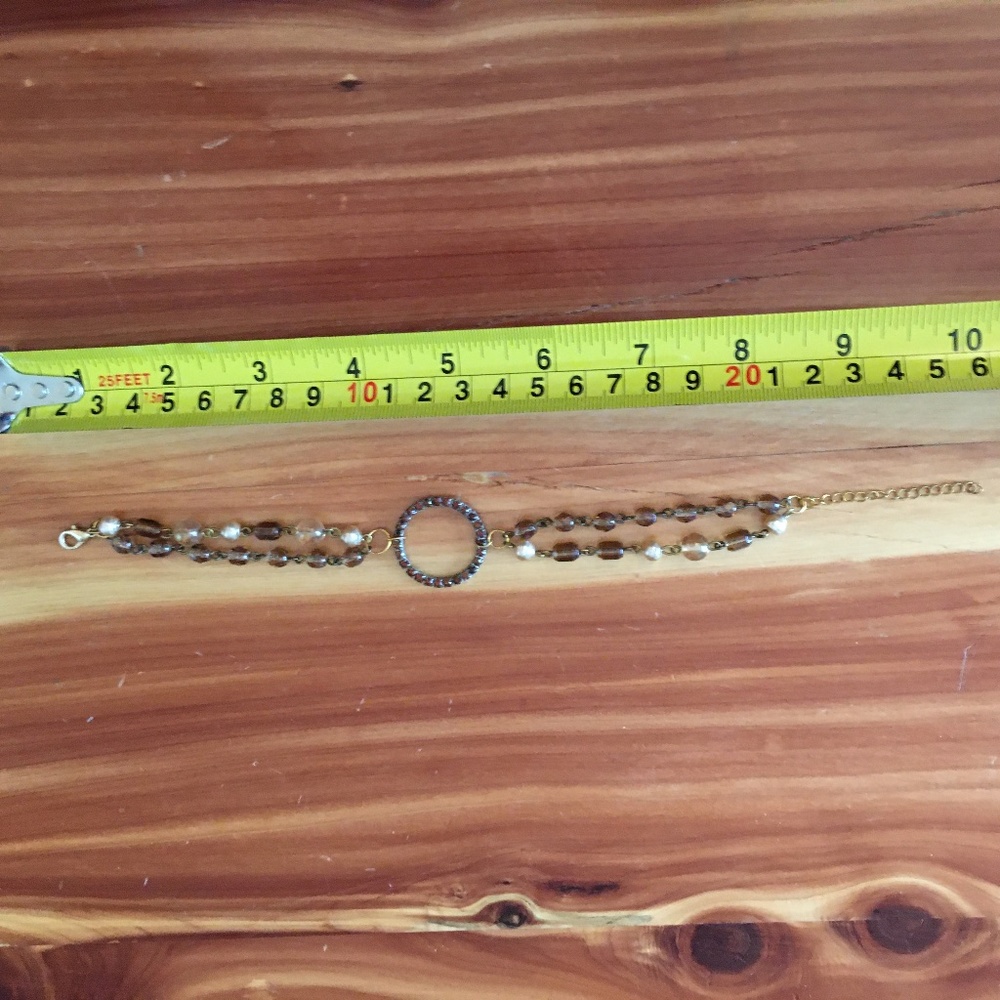 Handmade Brown Rhinestone Circle + Amber & Gold Beads Bracelet, Vintage Beads - Picture 7 of 8